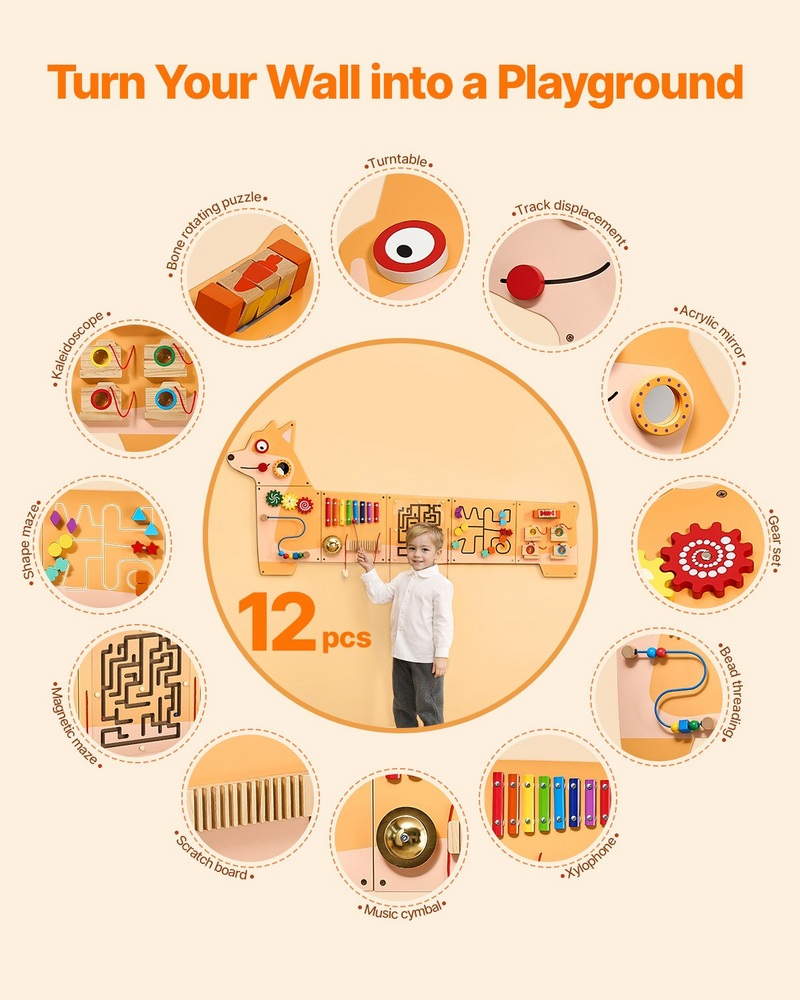VEVOR Puppy Activity Wall Busy Board Panels, 12 Activities, Montessori Sensory Wall Toy for Kids 3-12 Years, Montessori Learning Activity Center, Ideal for Toddler Playroom Nursery Classroom