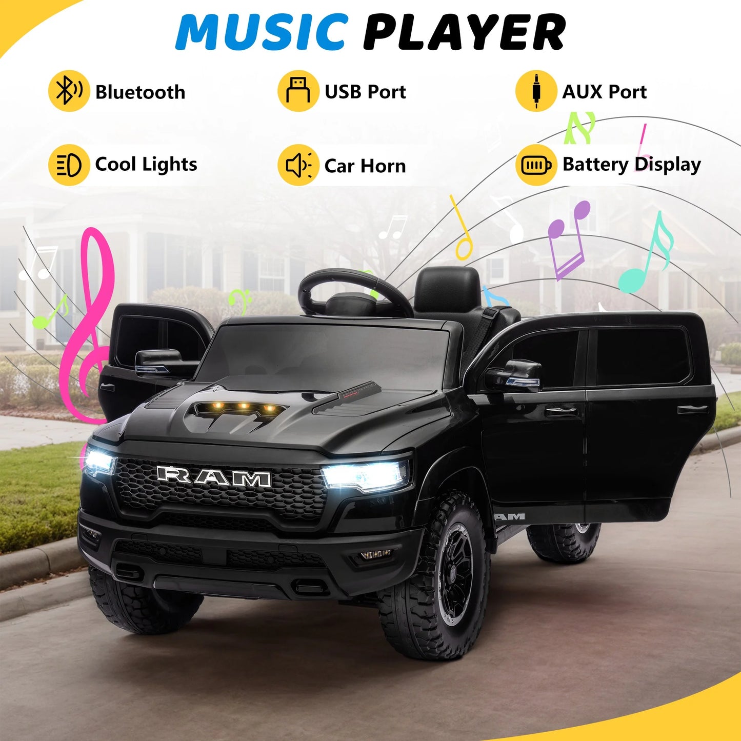 RAM 1500 Ride on Car Toy for Kids, 12V Powered Ride on Truck Toy with Remote Control, 4 Wheel Suspension, Safety Belt, Music, Bluetooth, LED Lights, Electric Cars for 3-5 Yrs Boy Girl, Black
