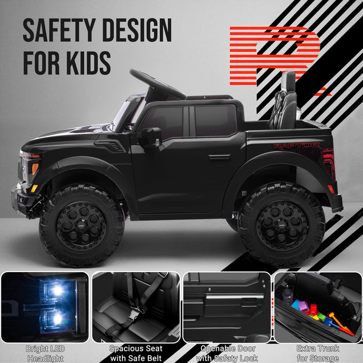 Experience Thrilling Adventures with the Licensed Ford F 150 Raptor 12V Ride-On Car - Bluetooth, LED Lights, and Remote Control for Kids Ages 3-6!