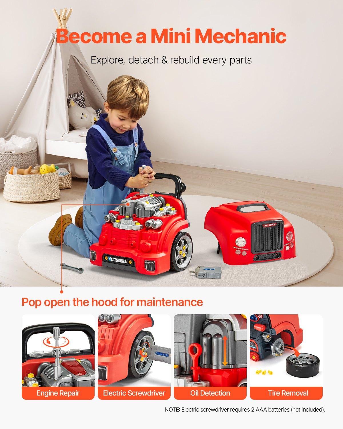 VEVOR Engine Toy, 60 Pieces, Kids Mechanic Car Repair Set with Removable Parts, Lights and Sounds, Steering Wheel and Horn, Kids Mechanic Workshop Set for Toddler Ages 3 Years and Up, Red