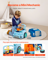 Blue mechanic workshop with removable hood, engine parts, toy screwdriver and detachable wheel