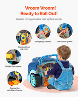 Pretend-driving dashboard with steering wheel, horn, ignition button, flashers and gear selector