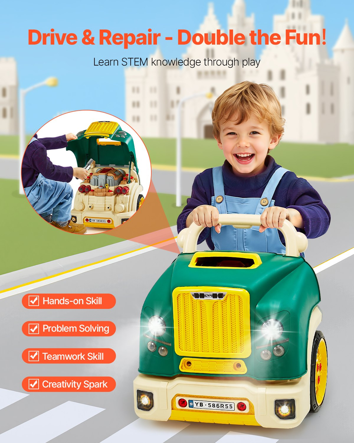 VEVOR Engine Toy, 60 Pieces, Kids Mechanic Car Repair Set with Removable Parts, Lights and Sounds, Steering Wheel and Horn, Kids Mechanic Workshop Set for Toddler Ages 3 Years and Up, Green