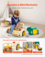 Child using toy tools under the workshop hood, with removable wheel details
