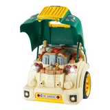 Open green hood showing pretend engine components