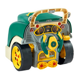Rear view of green workshop with steering wheel and controls