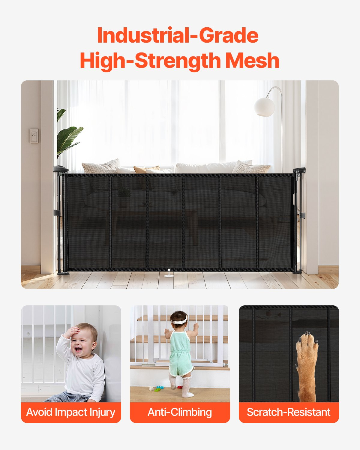 Retractable Baby Safety Gate – Extra Tall 34 Inch Mesh Barrier (71 Inch Wide)