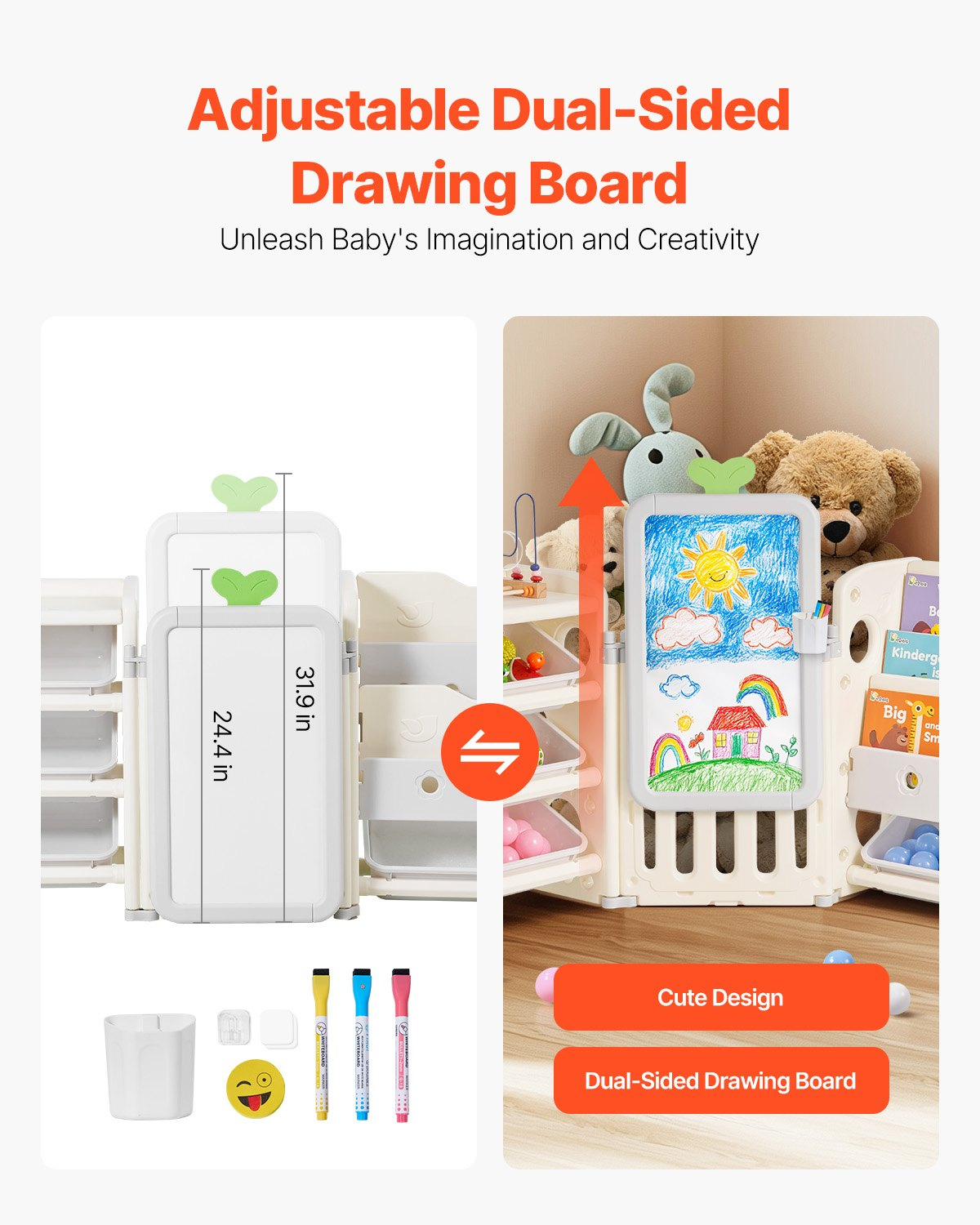 VEVOR Kids Toy Storage with Bookshelf, 4-Tier Large Toy Storage Organizer with 10 Plastic Movable Bins, Kids Cubby Cabinet with Bookshelf and Drawing Board for Study Room, Playroom, Classroom, Nursery
