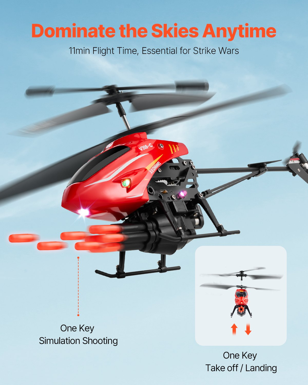 VEVOR RC Helicopter, 2.4GHz Flying Remote Control Helicopter with Shooting Mode, 3.5 Channel RC Airplane for Kid, Altitude Hold, One-Key Takeoff/Landing & LED Lights, Toys for Kids Ages 14 and up