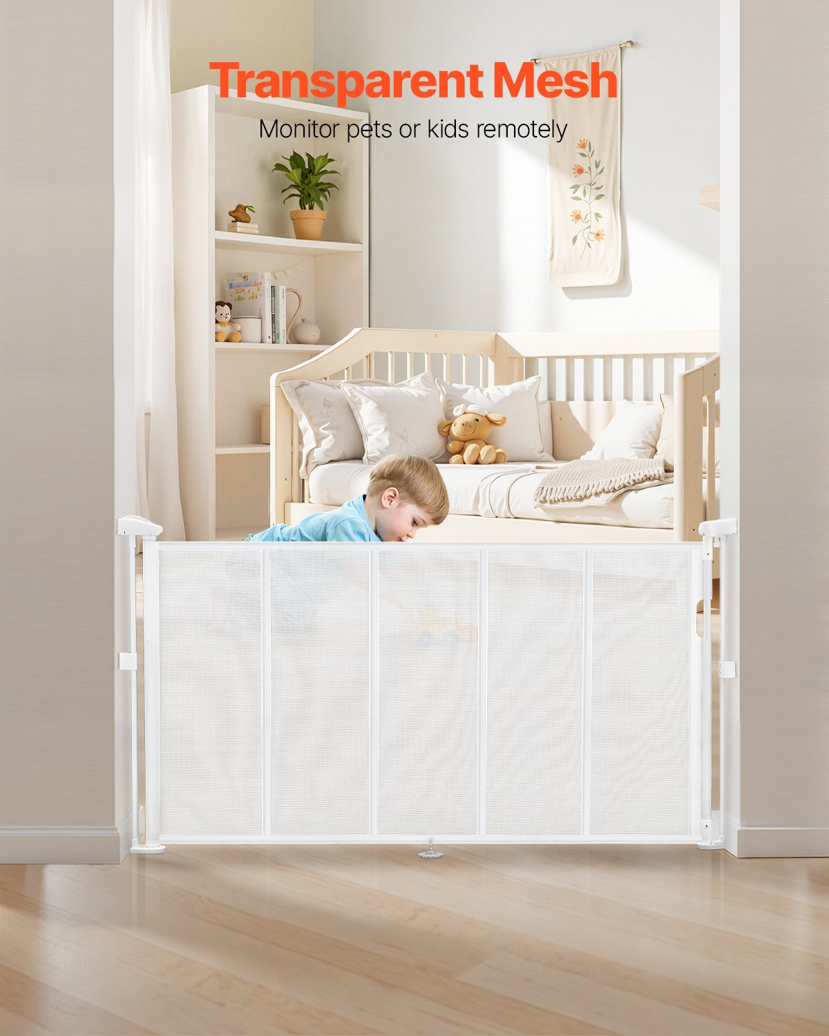 VEVOR Retractable Baby Gate, 34 inch Tall, Extends up to 55 inch Wide, Retractable Gate for Kids or Pets, Mesh Material, Easy to Install for Indoor Stairs, Doorways, Hallways, Playrooms, White