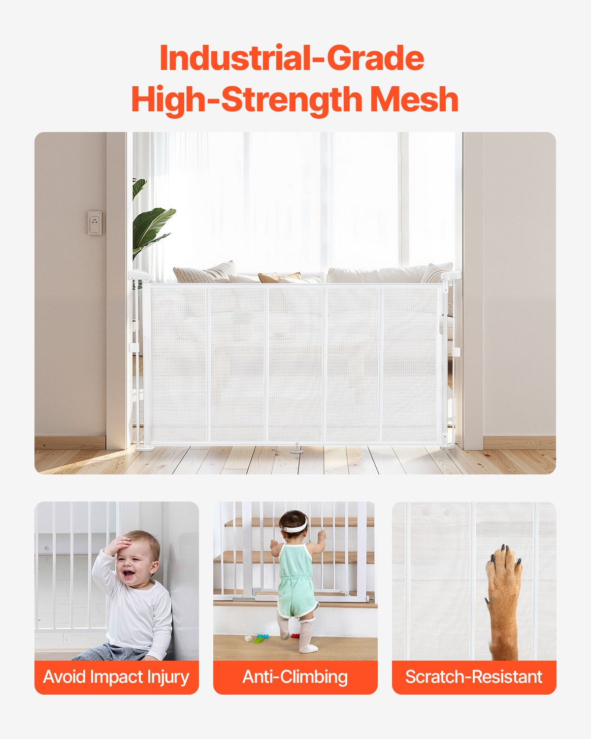 VEVOR Retractable Baby Gate, 34 inch Tall, Extends up to 55 inch Wide, Retractable Gate for Kids or Pets, Mesh Material, Easy to Install for Indoor Stairs, Doorways, Hallways, Playrooms, White