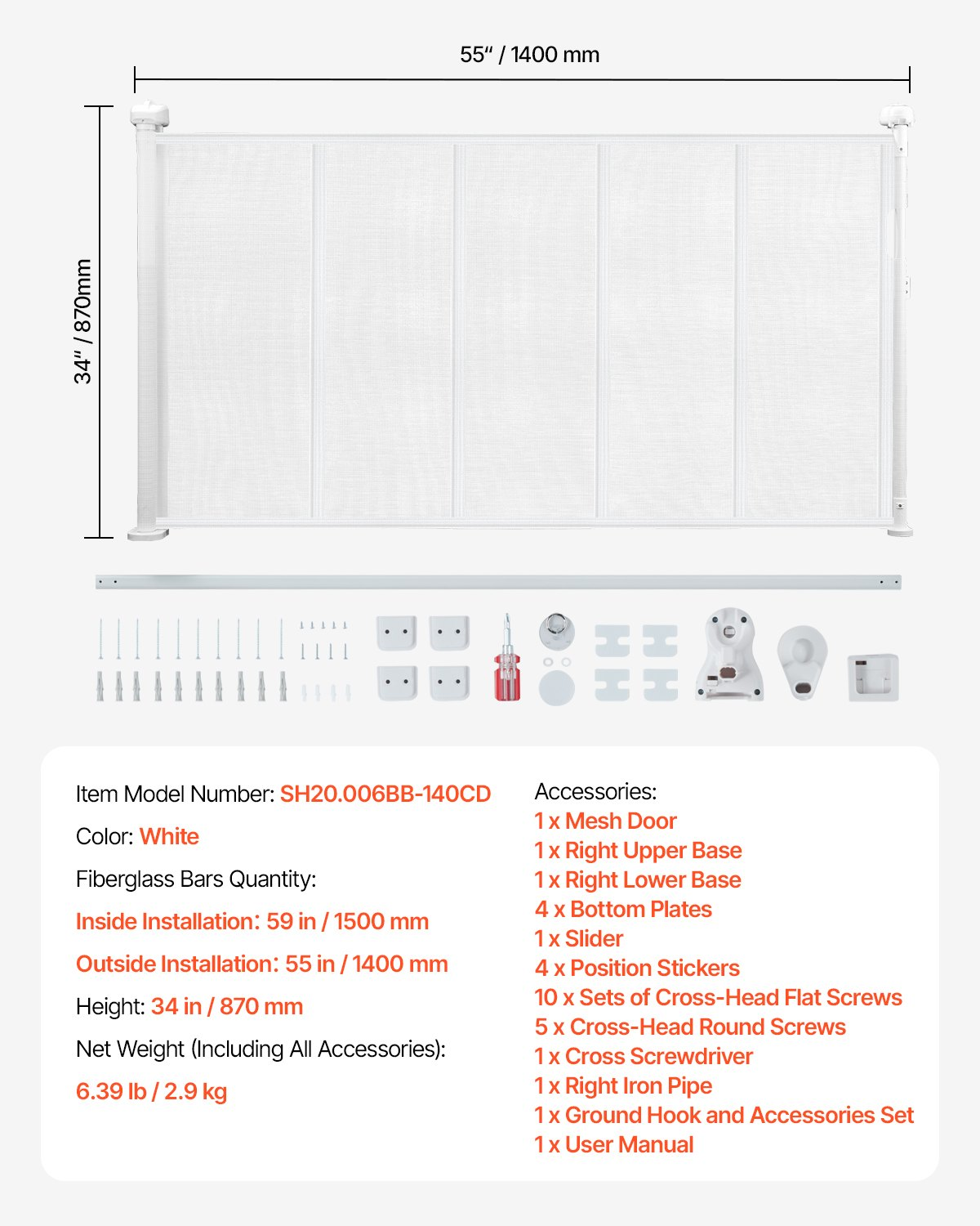 VEVOR Retractable Baby Gate, 34 inch Tall, Extends up to 55 inch Wide, Retractable Gate for Kids or Pets, Mesh Material, Easy to Install for Indoor Stairs, Doorways, Hallways, Playrooms, White