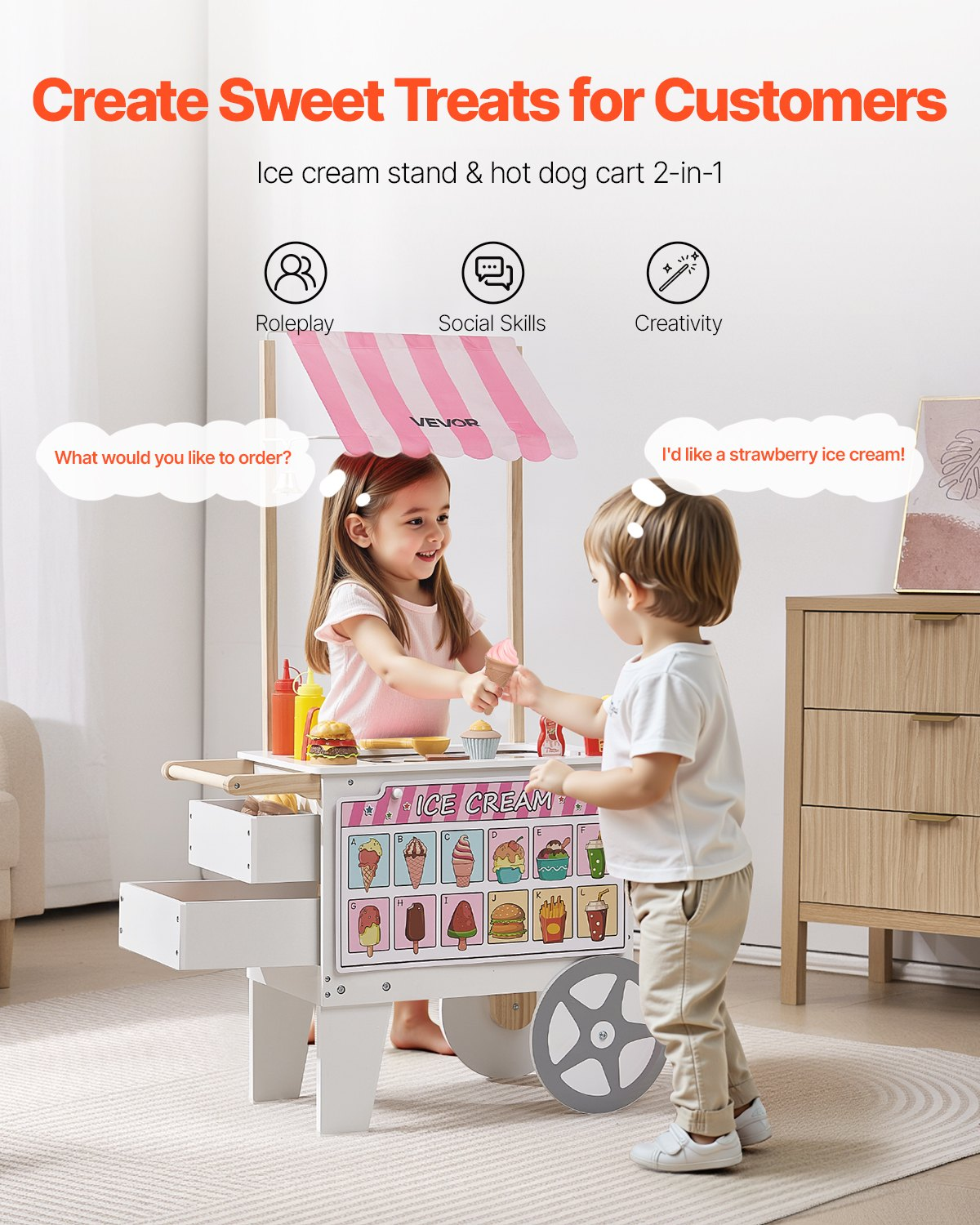 Kids Ice Cream Cart Pretend Play Set with 20+ Accessories, Awning & Storage