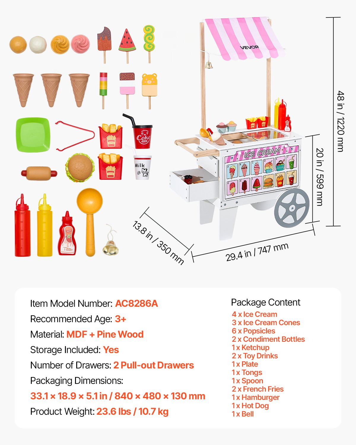 Kids Ice Cream Cart Pretend Play Set with 20+ Accessories, Awning & Storage