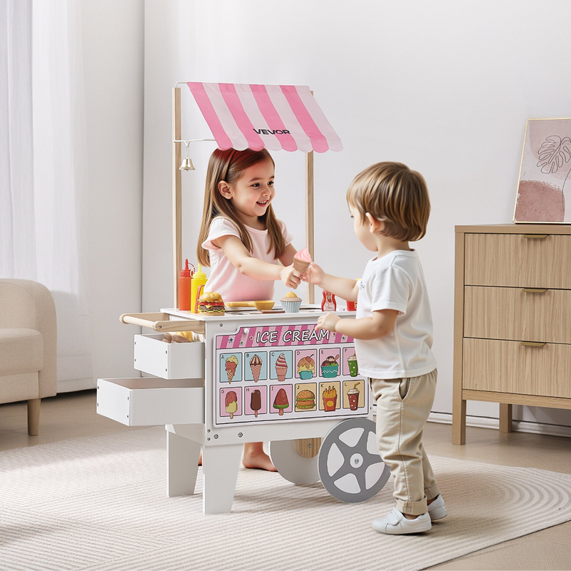Kids Ice Cream Cart Pretend Play Set with 20+ Accessories, Awning & Storage