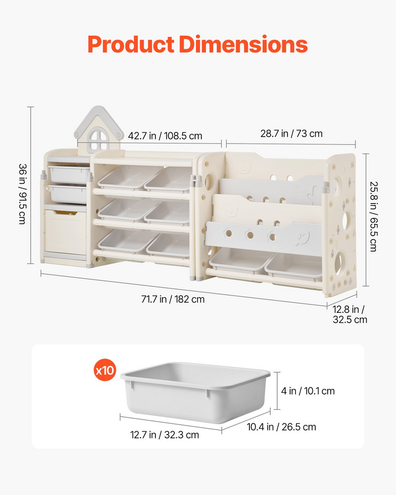 4-Tier Kids Toy Storage Organizer & Bookshelf – 10 Removable Bins, Cubby Cabinet for Playroom, Bedroom, Nursery & Classroom (Gray & Beige)
