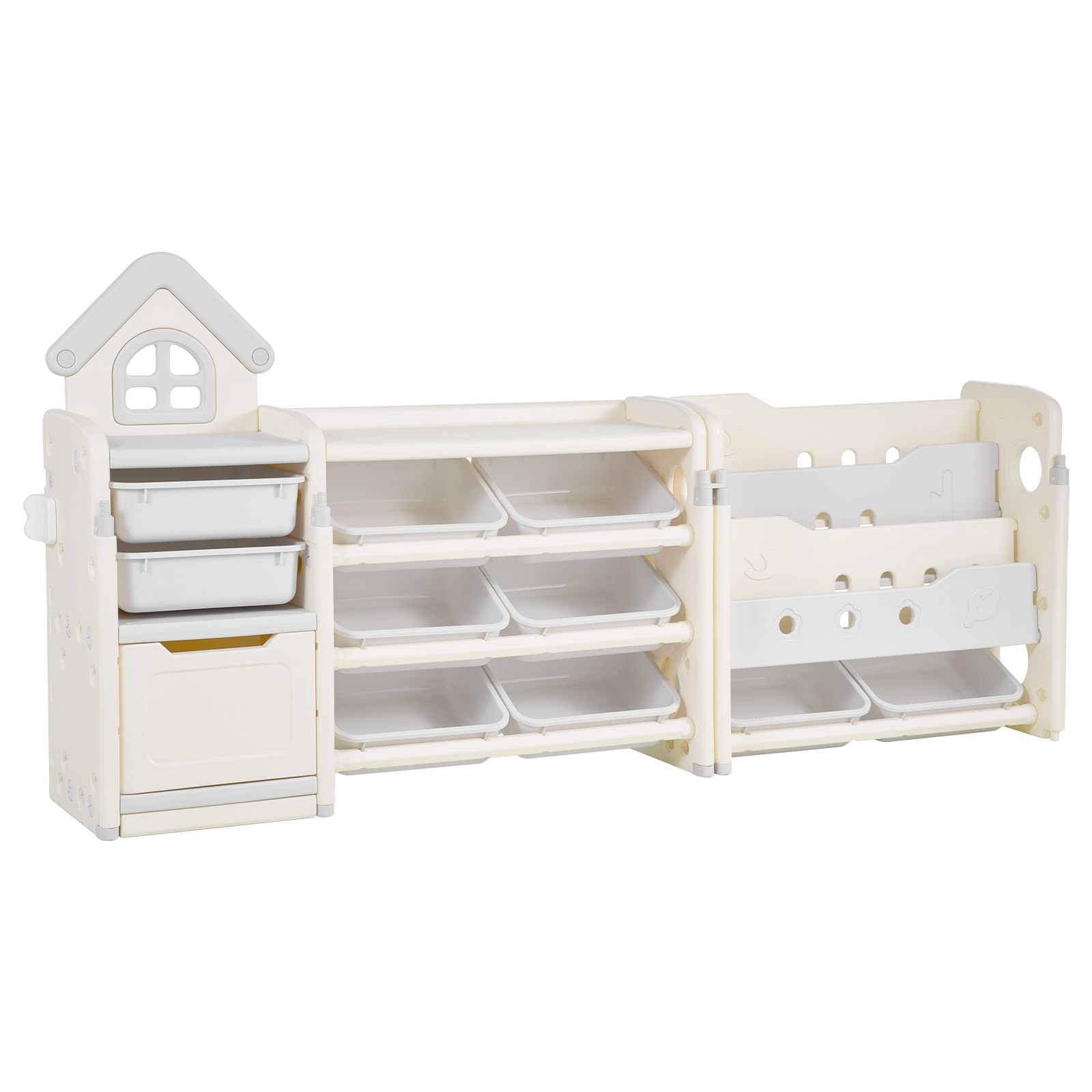 VEVOR Kids Toy Storage with Bookshelf, 4-Tier Toy Storage Organizer with 10 Movable Plastic Bins, Kids Cubby Cabinet with Bookshelf for Study Room, Bedroom, Playroom, Classroom, Nursery, Gray + Beige