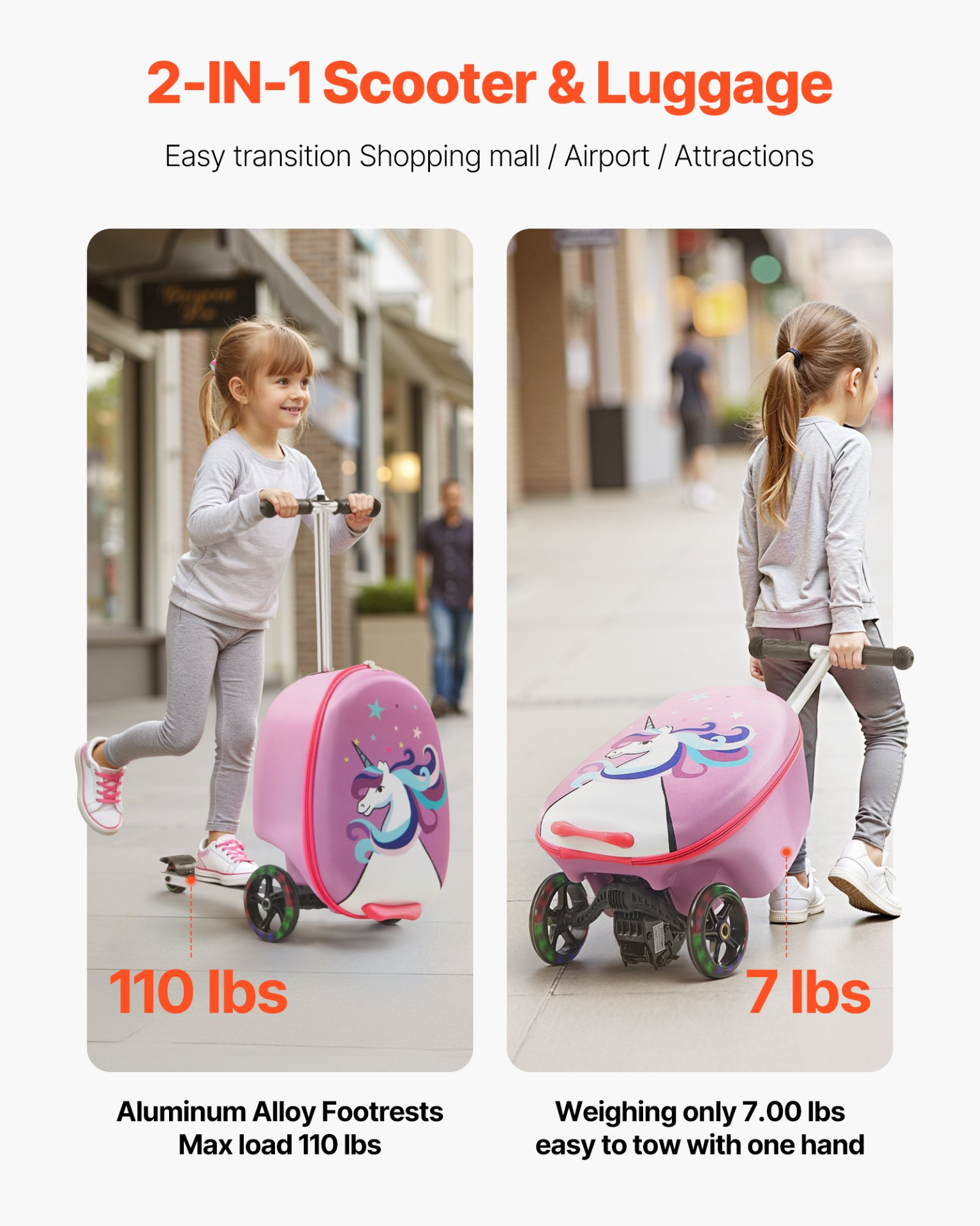 VEVOR Ride-on Luggage, 20 L Capacity, 20 Inches Kids Scooter Suitcase with Flash PU Wheels, Adjustable Handle & TPR Non-Slip Grip, Foldable & Lightweight Scooter Luggage for Kids Aged 5+, Purple