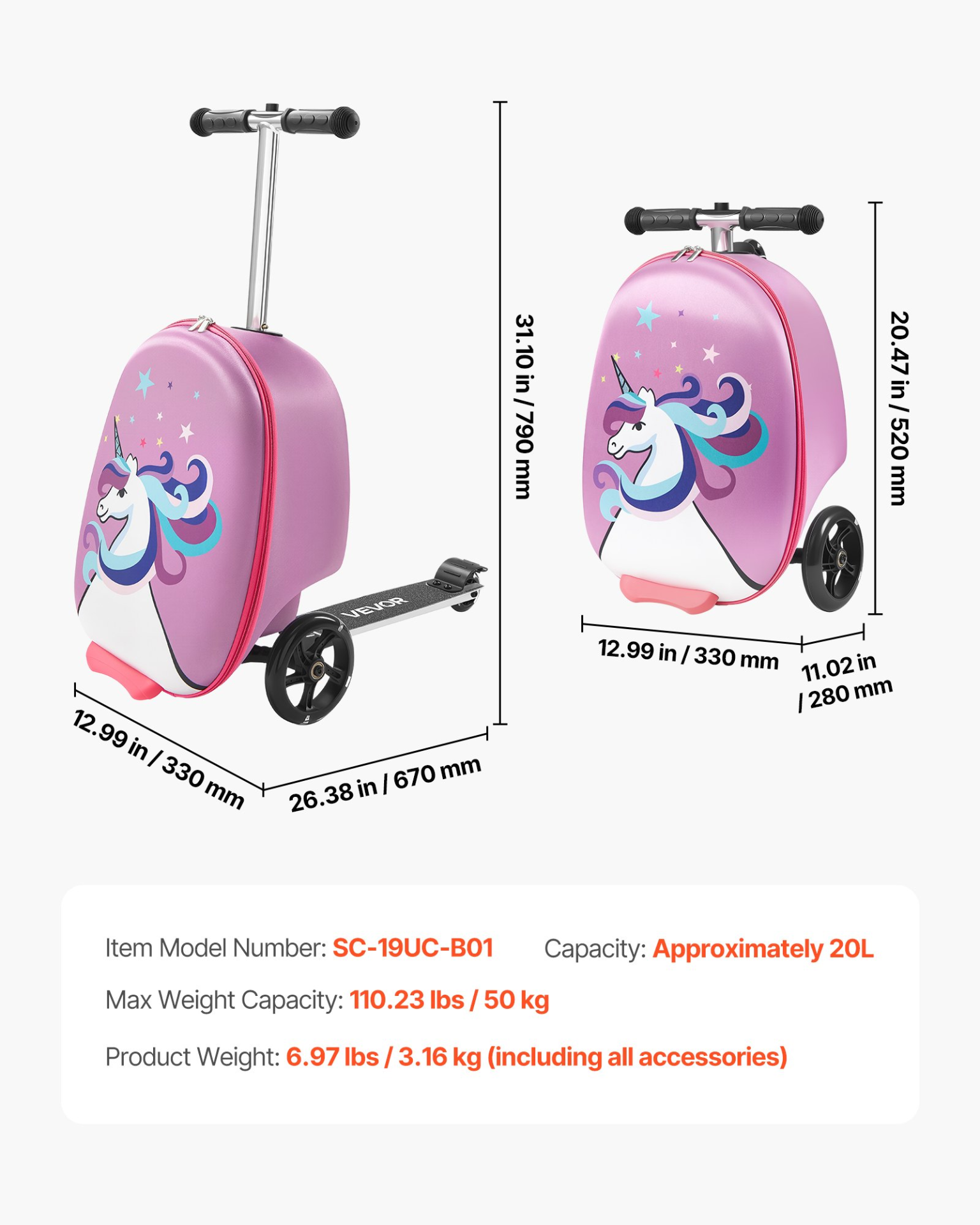 VEVOR Ride-on Luggage, 20 L Capacity, 20 Inches Kids Scooter Suitcase with Flash PU Wheels, Adjustable Handle & TPR Non-Slip Grip, Foldable & Lightweight Scooter Luggage for Kids Aged 5+, Purple