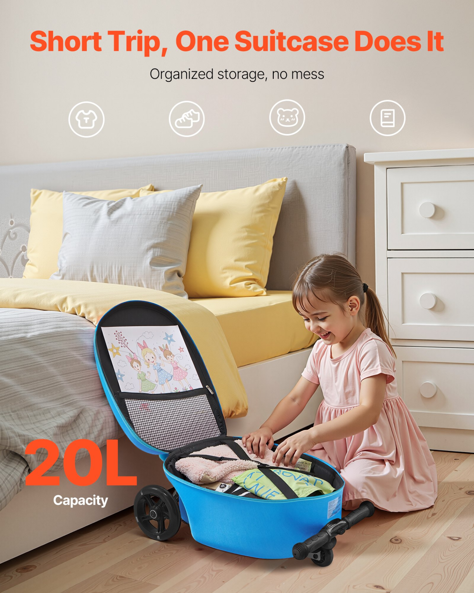 Ride-on Luggage, 20 L Capacity, 20 Inches Kids Scooter Suitcase with Flash PU Wheels, Adjustable Handle & TPR Non-Slip Grip, Foldable & Lightweight Scooter Luggage for Kids Aged 5+, Blue