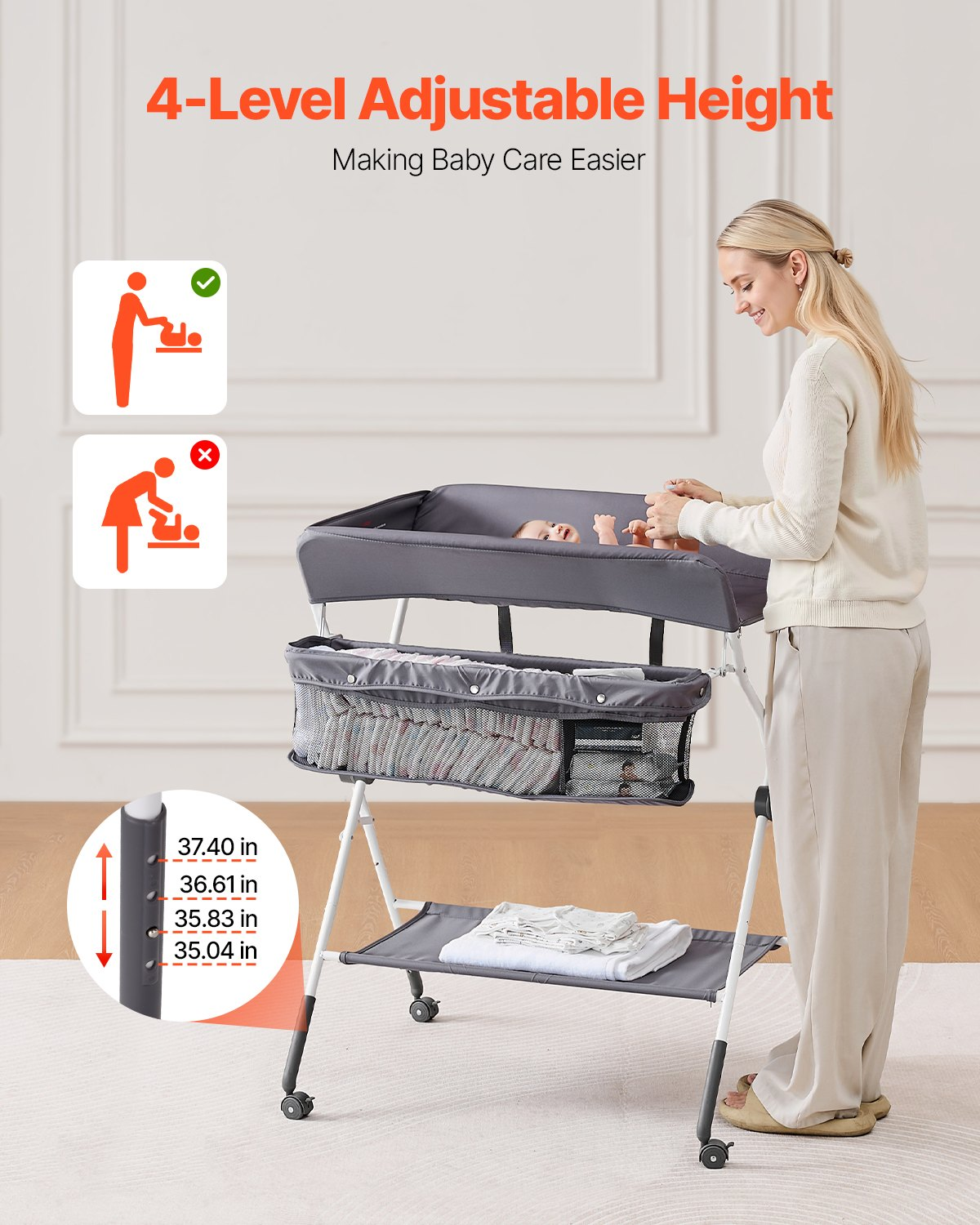 Foldable Baby Changing Table with Storage – Adjustable Height Diaper Station with Wheels