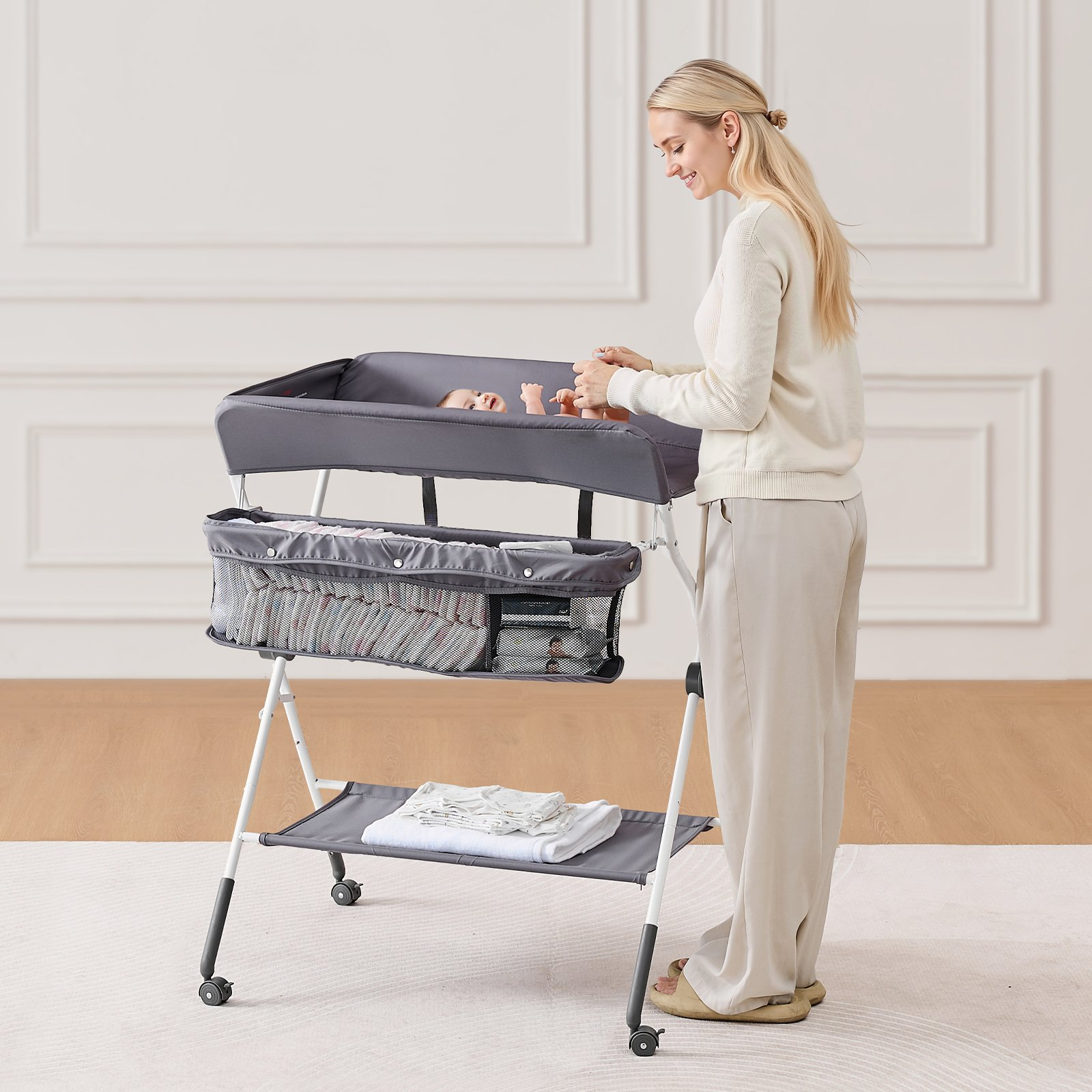 Foldable Baby Changing Table with Storage – Adjustable Height Diaper Station with Wheels