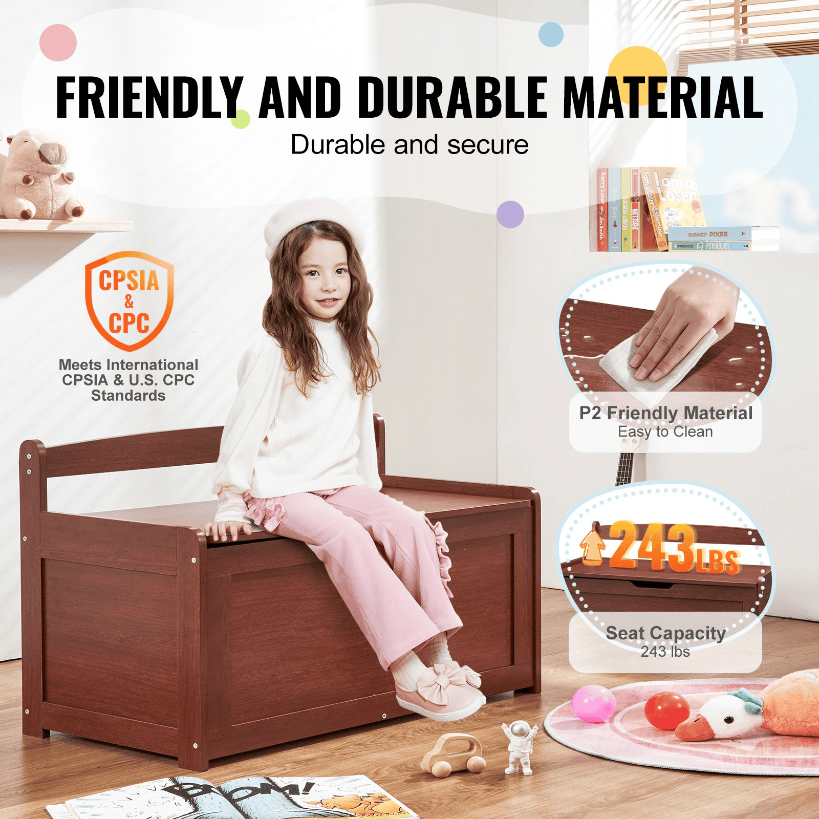 Wooden Toy Chest for Kids, Toddler Toy Storage Box with Flip-Top Lid and Safety Hinge, 32.68 x 17.91 x 24.02 Large Kids Storage Bench for Playroom, Bedroom, Living Room or Entryway, Cherry
