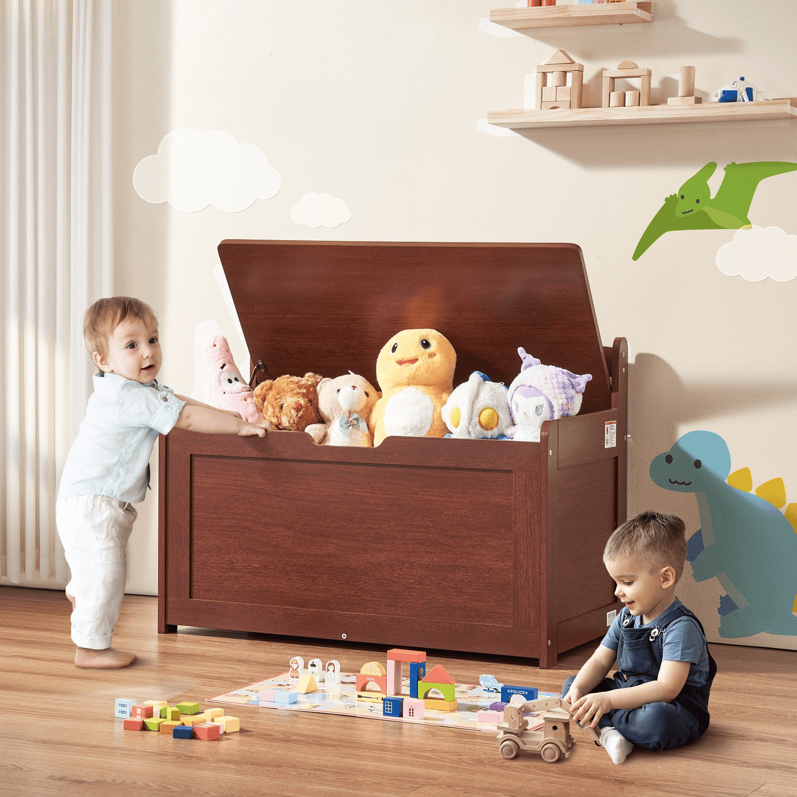 Wooden Toy Chest for Kids, Toddler Toy Storage Box with Flip-Top Lid and Safety Hinge, 32.68 x 17.91 x 24.02 Large Kids Storage Bench for Playroom, Bedroom, Living Room or Entryway, Cherry