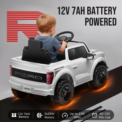 Exciting 12V Ford F 150 Raptor Ride-On Car with Remote Control - Bluetooth, LED Lights & Music for Kids Aged 3-6 - Perfect Adventure Vehicle in White
