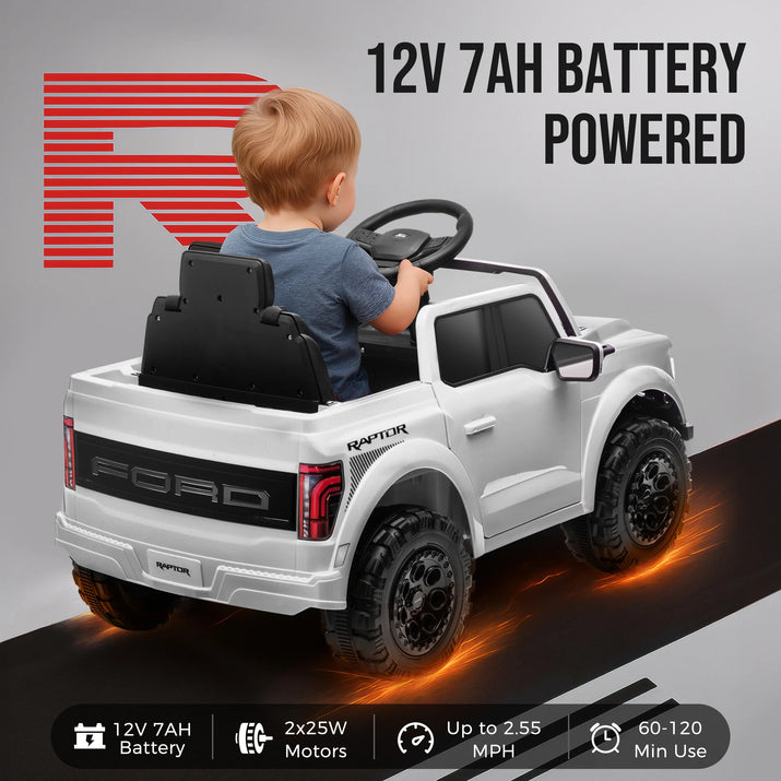 Exciting 12V Ford F 150 Raptor Ride-On Car with Remote Control - Bluetooth, LED Lights & Music for Kids Aged 3-6 - Perfect Adventure Vehicle in White
