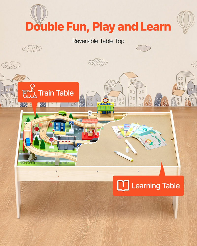 3-in-1 Wooden Train Table & Activity Set – 84-Piece Kids Train Table with Storage Bin for Building, Drawing & Creative Play Ages 3+