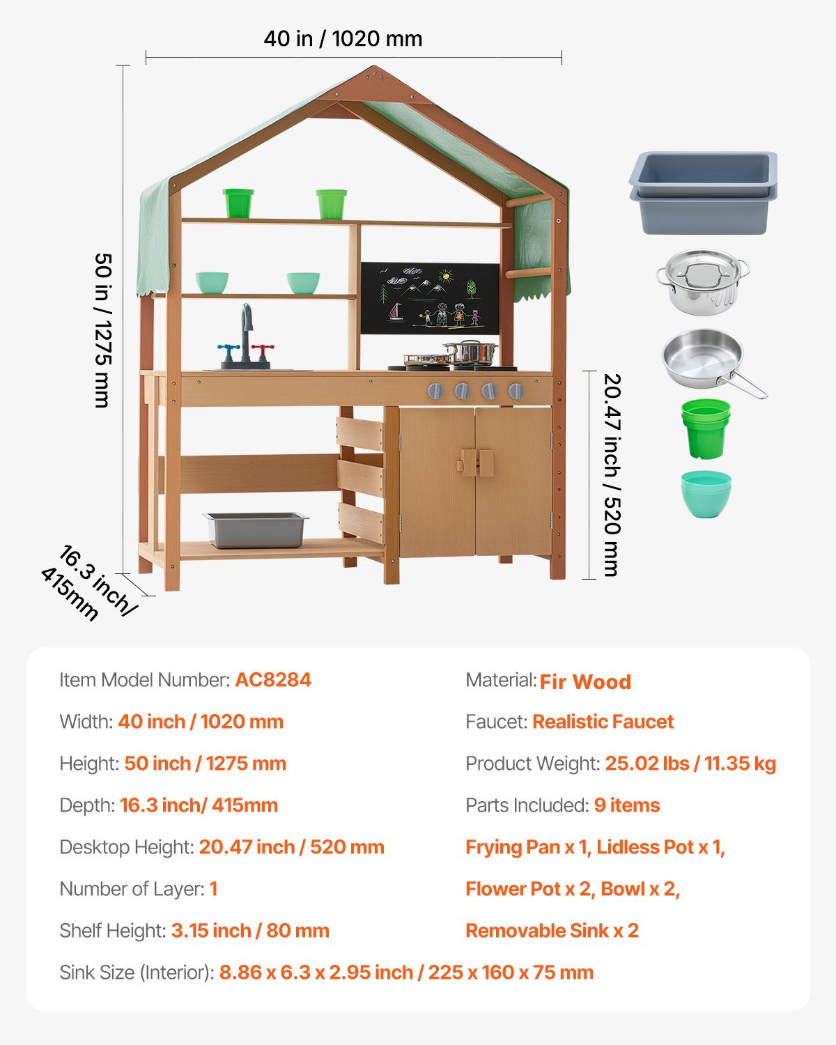 VEVOR Mud Kitchen for Kids, Wooden Toy Play Kitchen Set with Accessories, Outdoor Toddler Grocery Store Playset, Pretend Play Kitchen with Stoves, Planter Boxes, Sink, Faucet, Blackboard, Cookware Pot