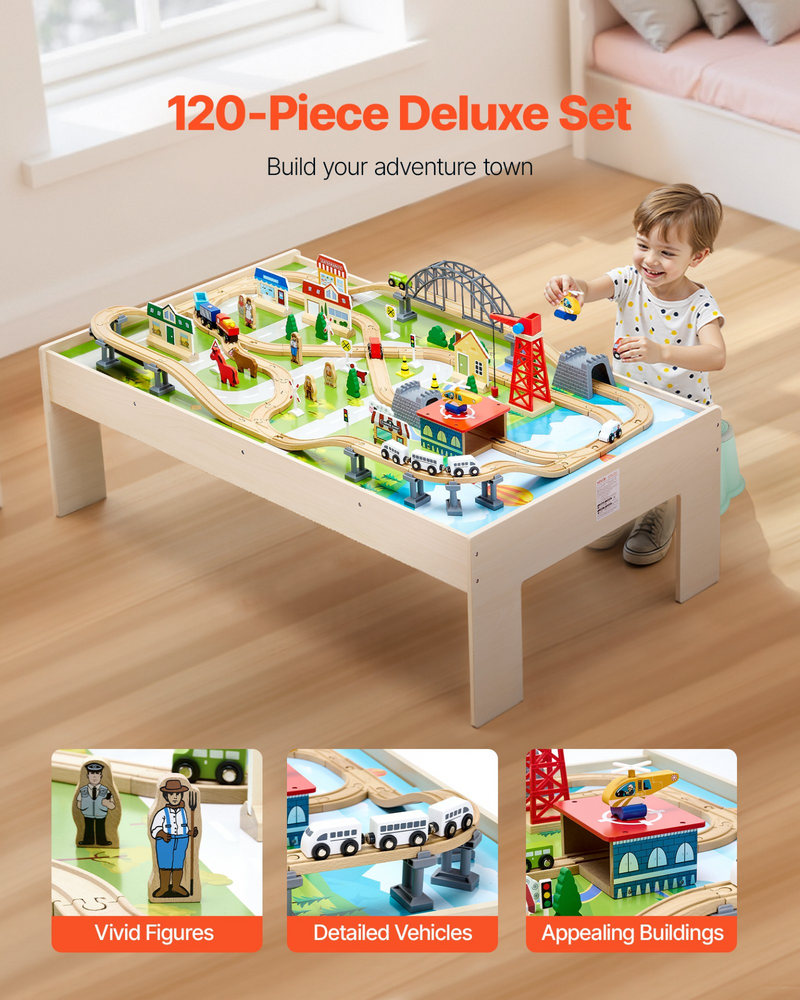 3-in-1 Wooden Train Table Set – 120 Piece Activity Table with Storage Bin for Building, Drawing, Reading & Creative Play