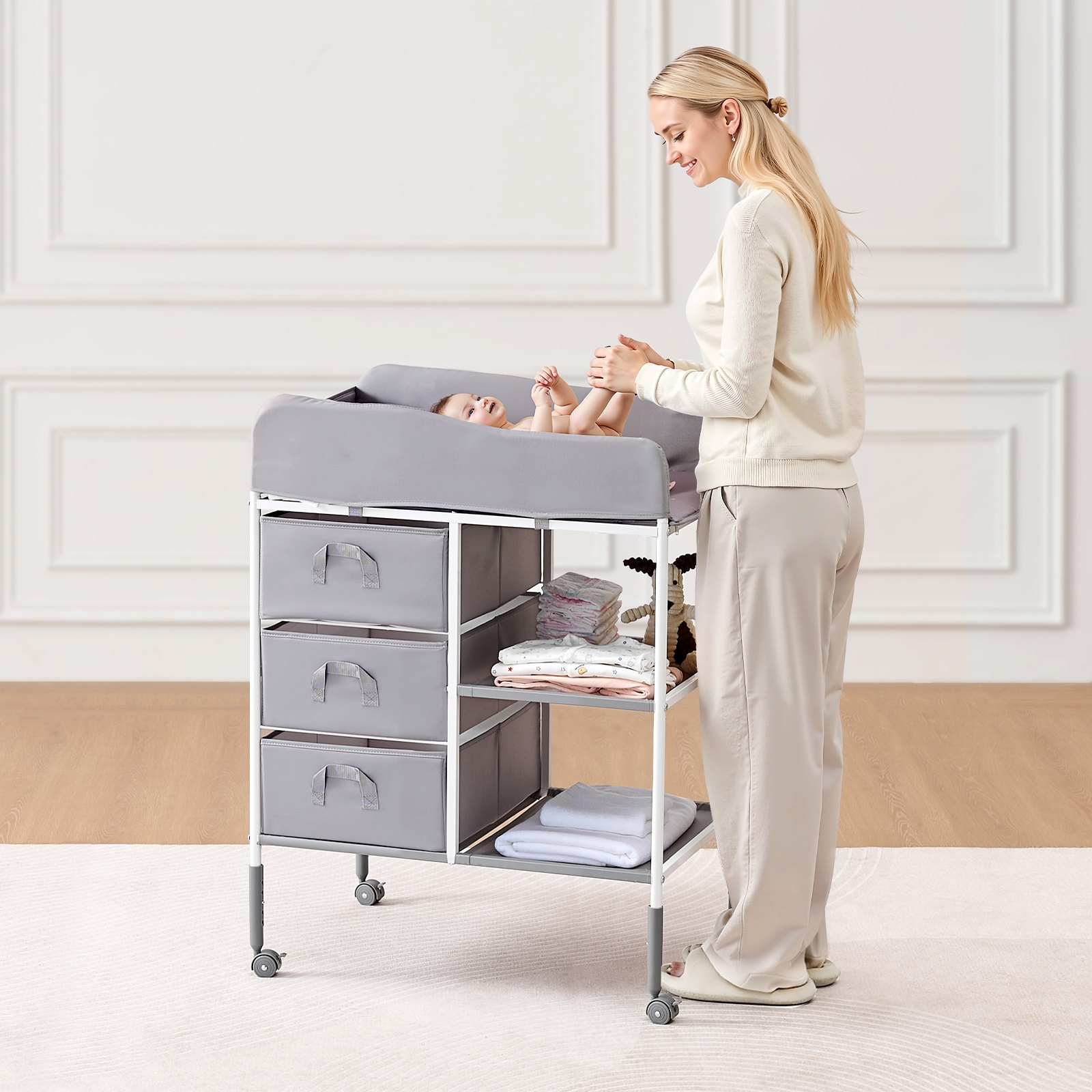 Portable Baby Changing Table with 3 Drawers – Adjustable Height Diaper Station with Wheels