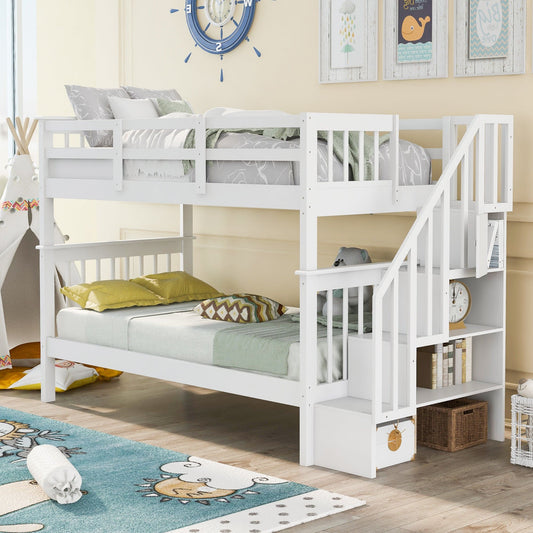 Stairway Twin-Over-Twin Bunk Bed with Storage and Guard Rail for Bedroom, Dorm, White color(OLD SKU :LP000109AAK) - The Little Big Store
