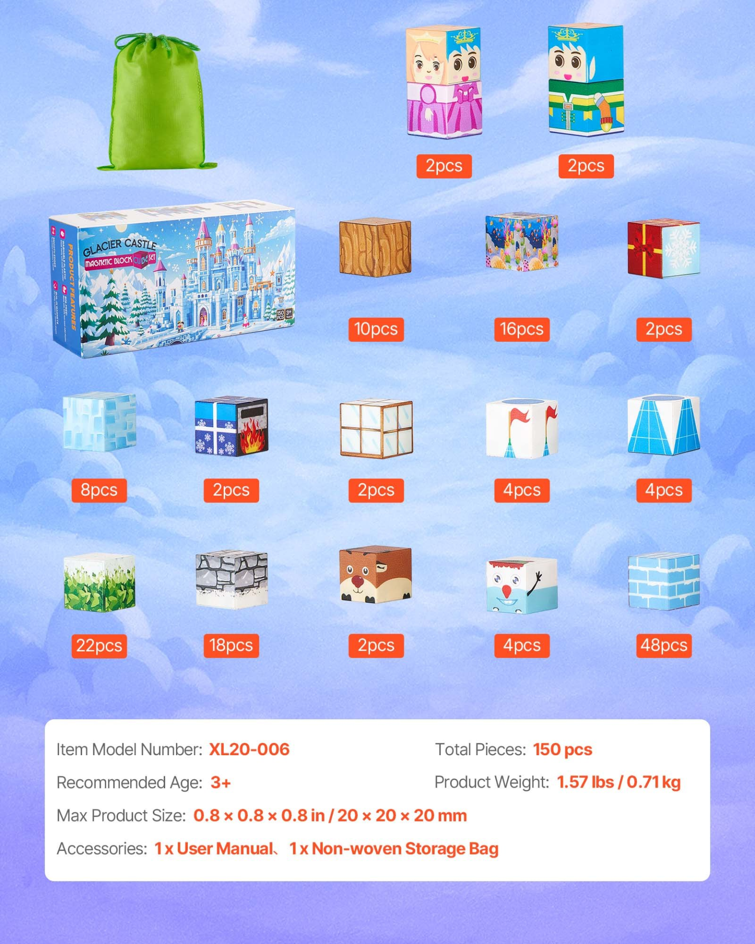 VEVOR Magnetic Blocks, 150 PCS Glacier Castle Set, Magnetic Building Cubes for Kids, STEM Montessori Sensory Toys for Christmas Birthday Gift, Construction Stacking Toy for 3+ Years Old Boys & Girls