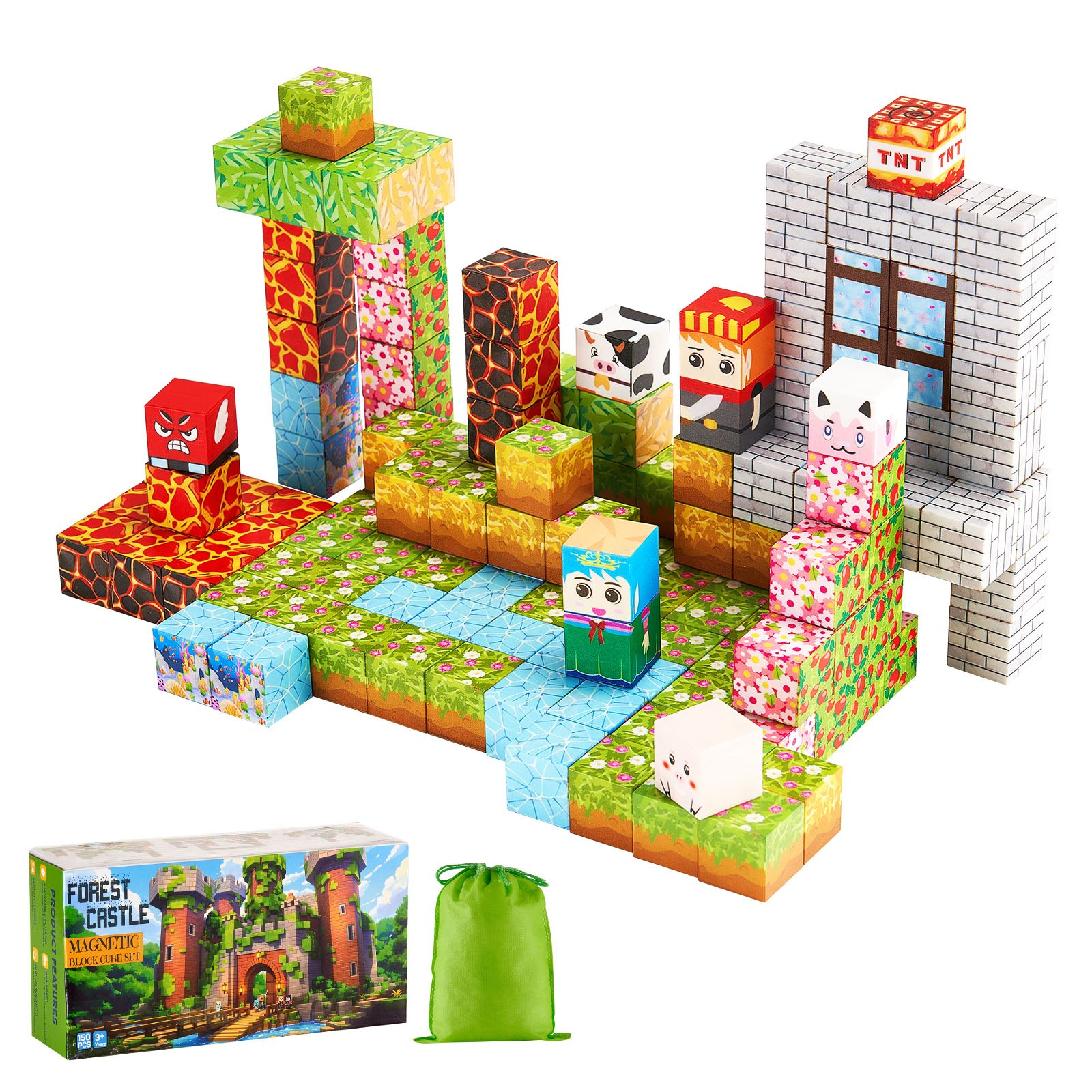 VEVOR Magnetic Blocks, 150 PCS Forest Castle Set, Magnetic Building Cubes for Kids, STEM Montessori Sensory Toys for Christmas Birthday Gift, Construction Stacking Toy for 3+ Years Old Boys & Girls
