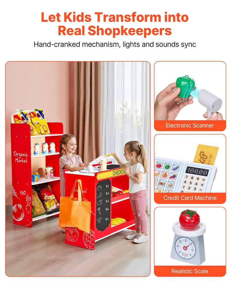 LittleShopper™ Deluxe Wooden Grocery Store Playset – Interactive Pretend Supermarket with Cash Register, Scanner, Shopping Bag & Checkout Counter