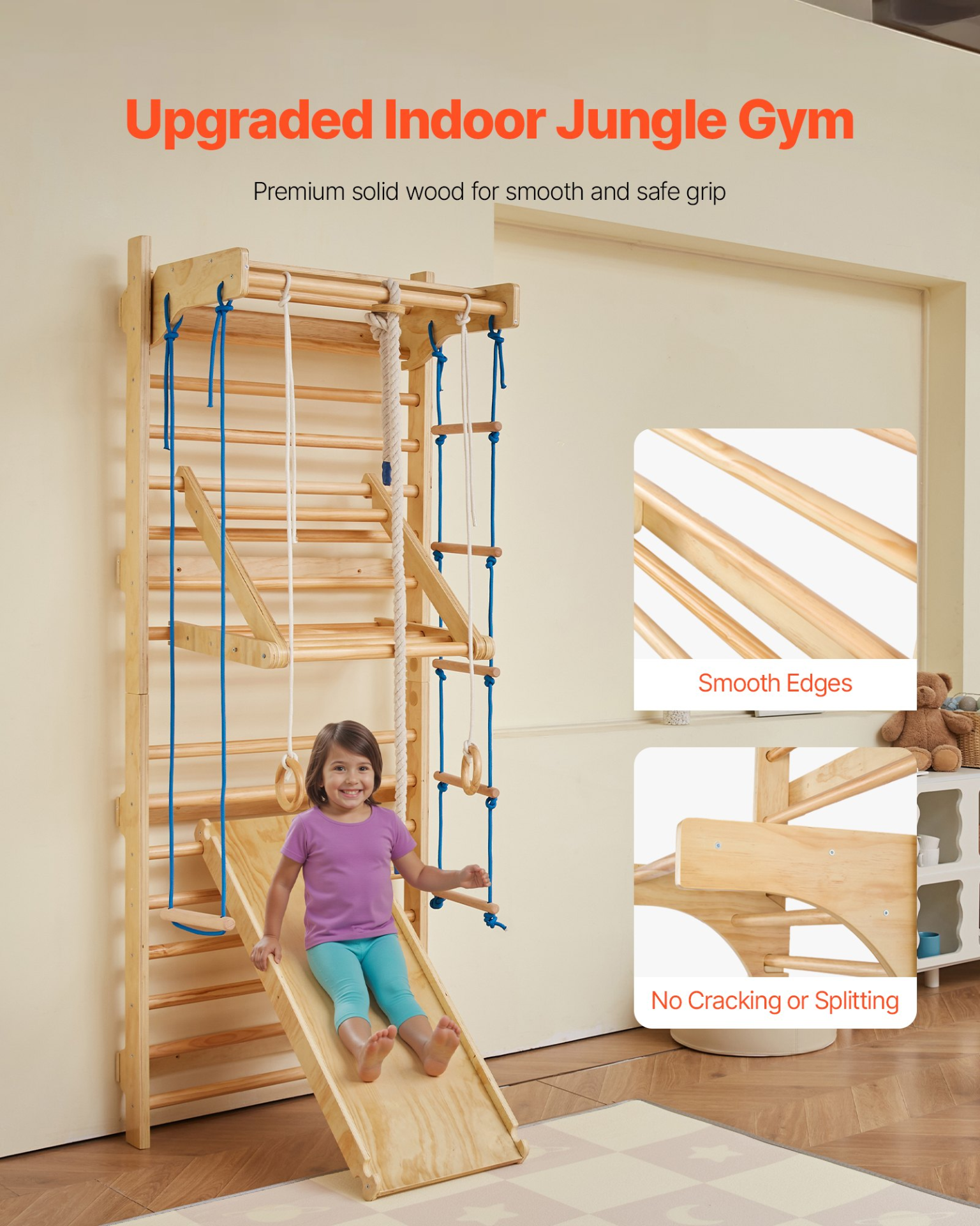 Swedish Wall Gym Climbing Set – 8-in-1 Wooden Jungle Gym for Kids Indoor Play