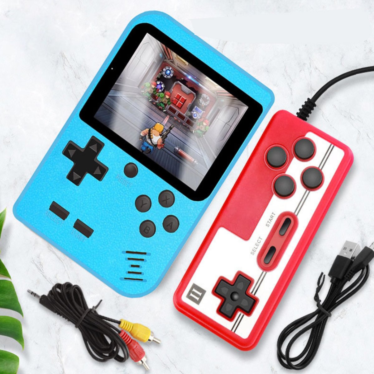 Two handheld gaming consoles, one blue and one red, with a screen displaying a game on a white background.