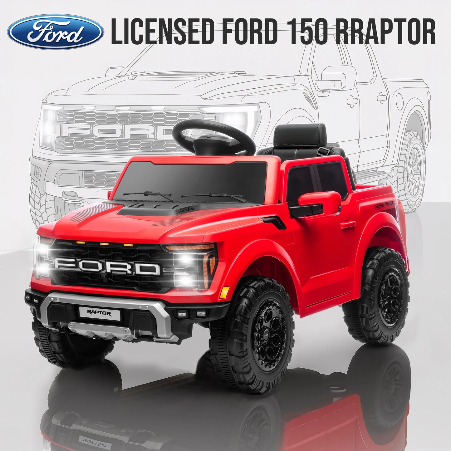 12V Ride on Cars with Remote Control, Licensed Ford F 150 Raptor Powered Ride on Toys with Bluetooth, Radio, LED Light, 4 Wheels Suspension, Kids Cars Electric Vehicles for Boys Girls Ages 3-6, Red