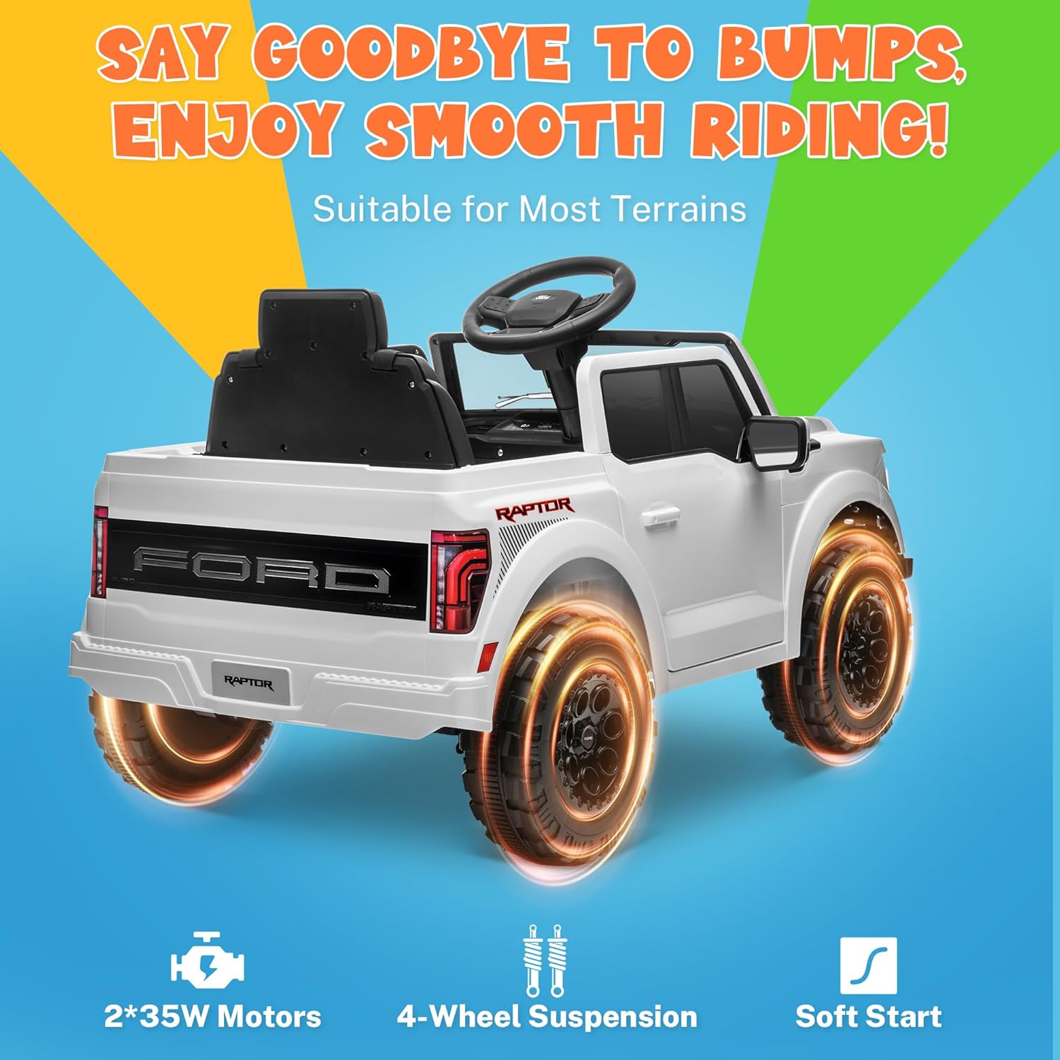 12V Licensed Ford F-150 Raptor Electric Car for Kids, Toddler Ride on Truck W/Remote Control, Kids Ride on Toys W/Led Lights, Bluetooth, Radio, Seat Belt, Soft Start, Rear Storage (White)