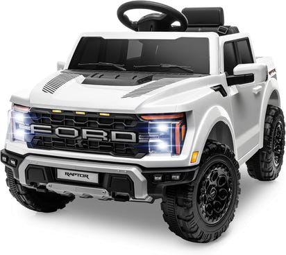 12V Licensed Ford F-150 Raptor Electric Car for Kids, Toddler Ride on Truck W/Remote Control, Kids Ride on Toys W/Led Lights, Bluetooth, Radio, Seat Belt, Soft Start, Rear Storage (White)