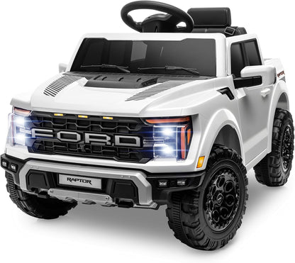 12V Licensed Ford F-150 Raptor Electric Car for Kids, Toddler Ride on Truck W/Remote Control, Kids Ride on Toys W/Led Lights, Bluetooth, Radio, Seat Belt, Soft Start, Rear Storage (White)
