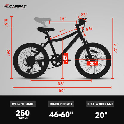 S20101 20 Inch Kids' Bike, Boys Girls Mountain Bike Ages 8-12, 7 Speed Teenager Children Kids' Bicycles, Front Suspension Disc Brake Rear V-Brake, High Steel Frame - The Little Big Store