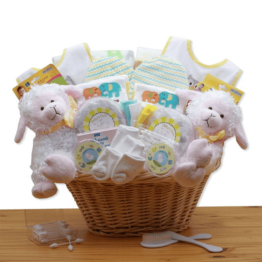 Double Delight Twins New Baby Gift Basket - Yellow - baby bath set - new baby gift basket - baby gift baskets - baby shower gifts - The Little Big Store
