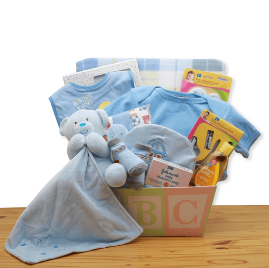 Easy as ABC New Baby Gift Basket - Blue - baby bath set - baby boy gift basket - new baby gift basket - baby gift baskets - baby shower gifts - The Little Big Store