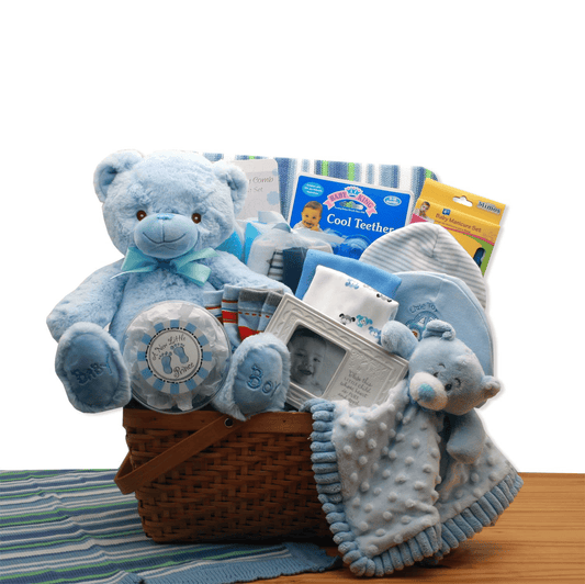 My First Teddy Bear New Baby Gift Basket - Blue - baby bath set - baby boy gift basket - new baby gift basket - baby gift baskets - baby shower gifts - The Little Big Store