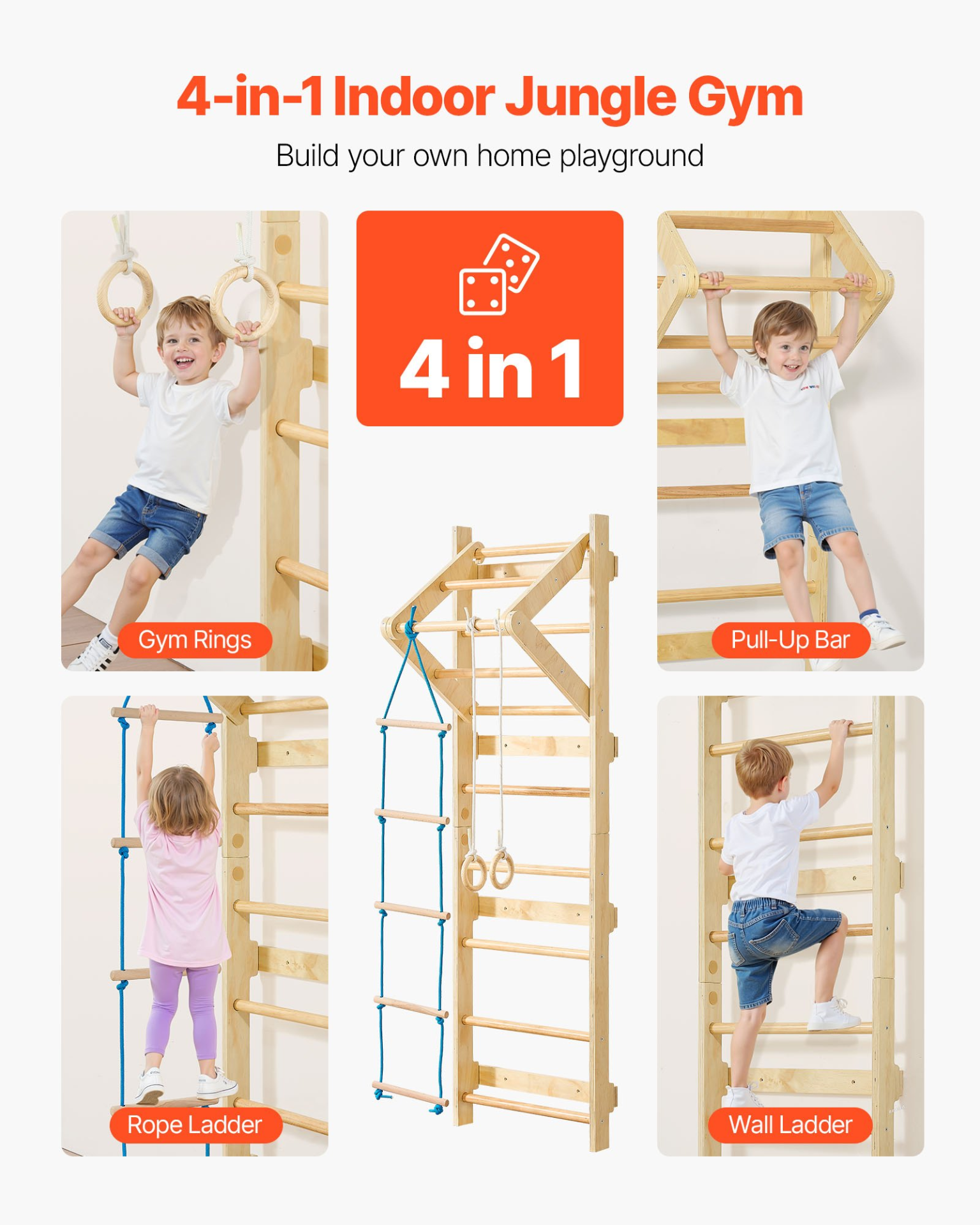 Wooden Swedish Wall Gym Climbing Set – 4-in-1 Indoor Jungle Gym for Kids