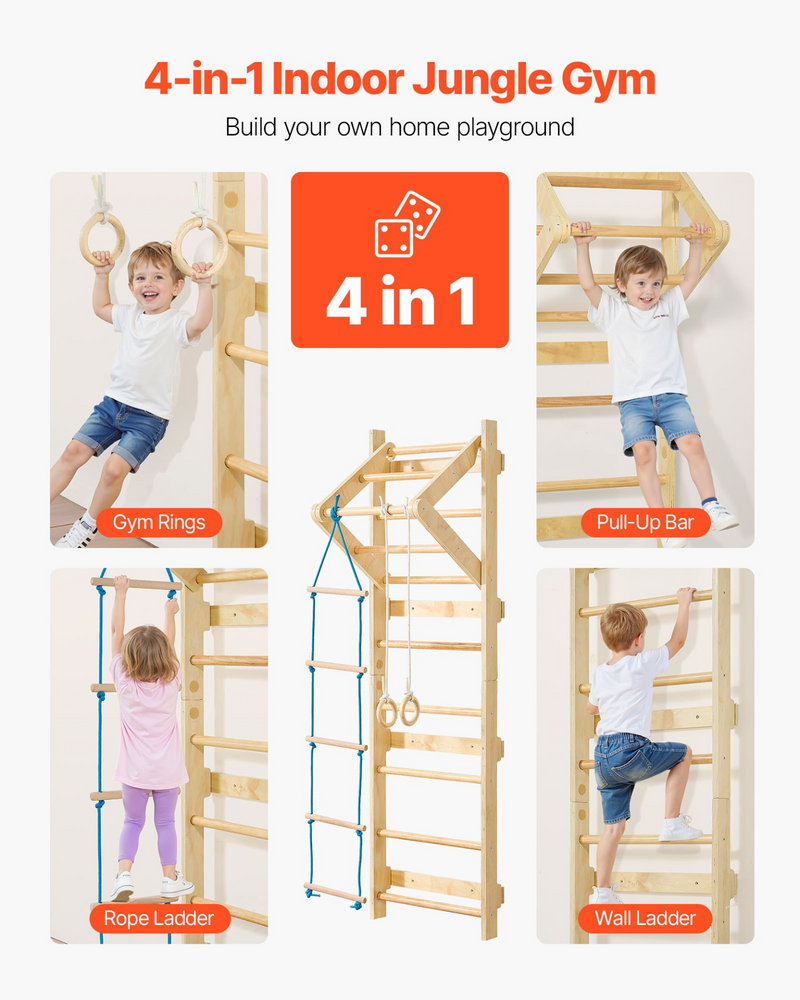 Wooden Swedish Wall Gym Climbing Set – 4-in-1 Indoor Jungle Gym for Kids
